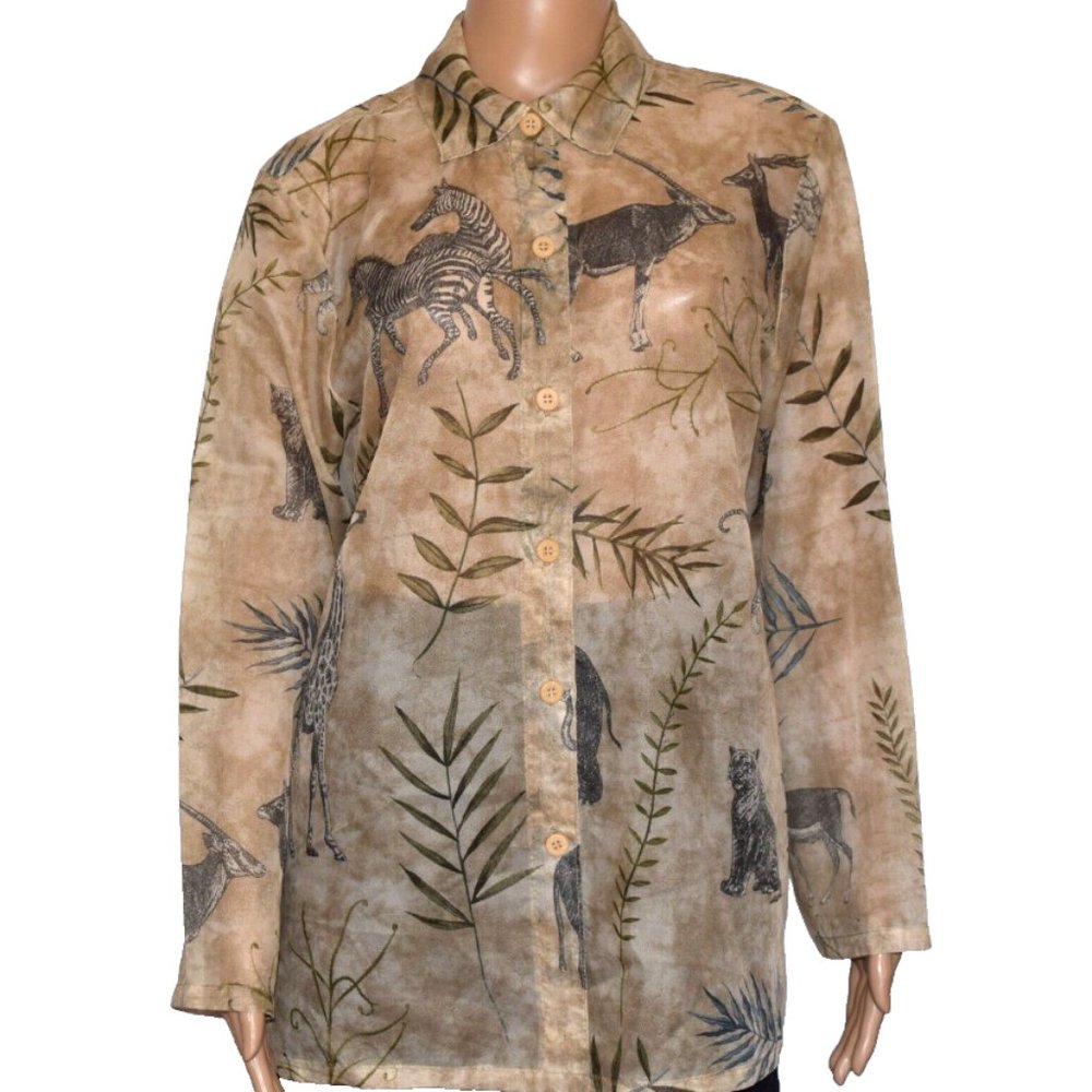 Vintage Gotcha Covered Beige Animal Print Sheer Button Front Long Sleeve Shirt M